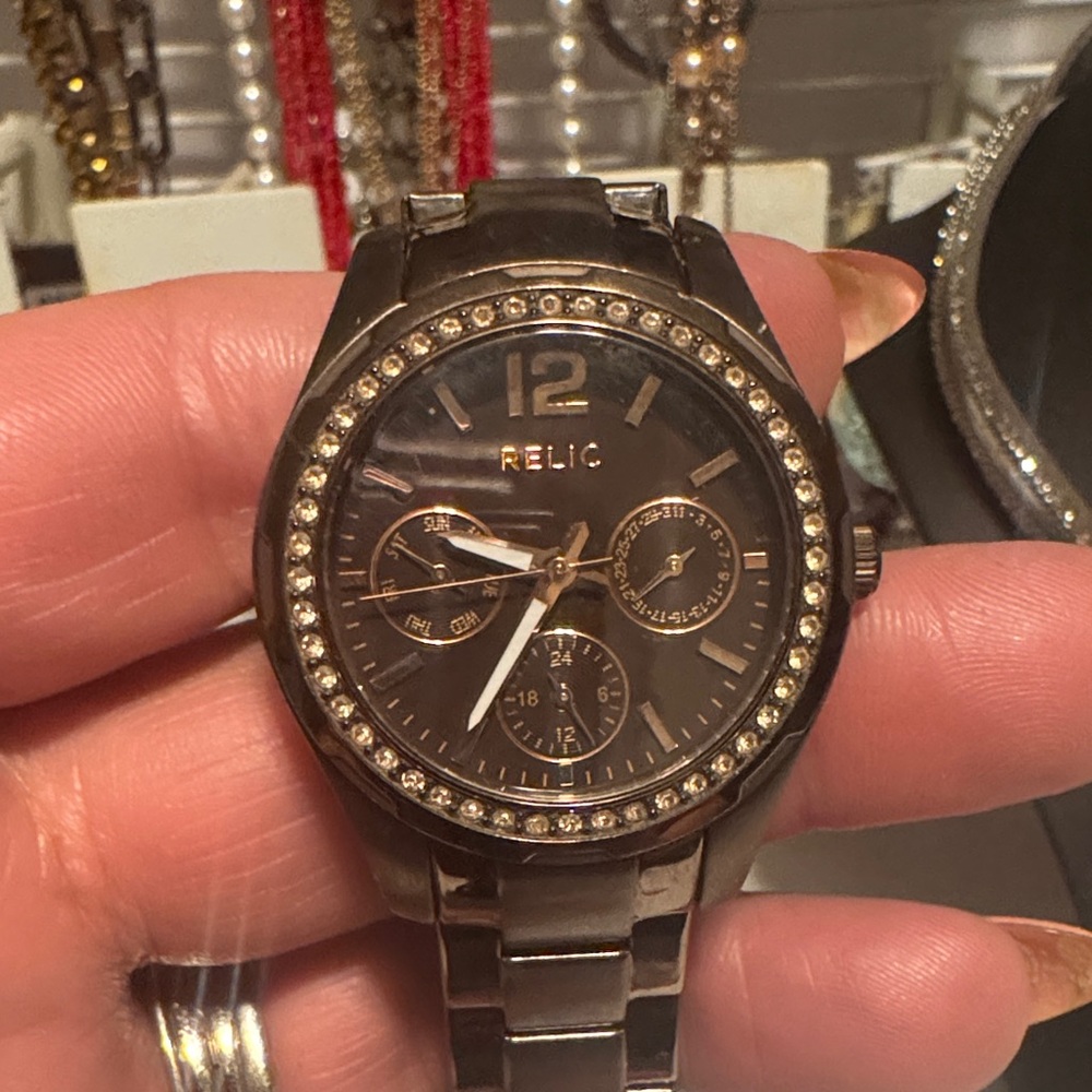 Relic Dark Metallic Watch with Sparkling Accents